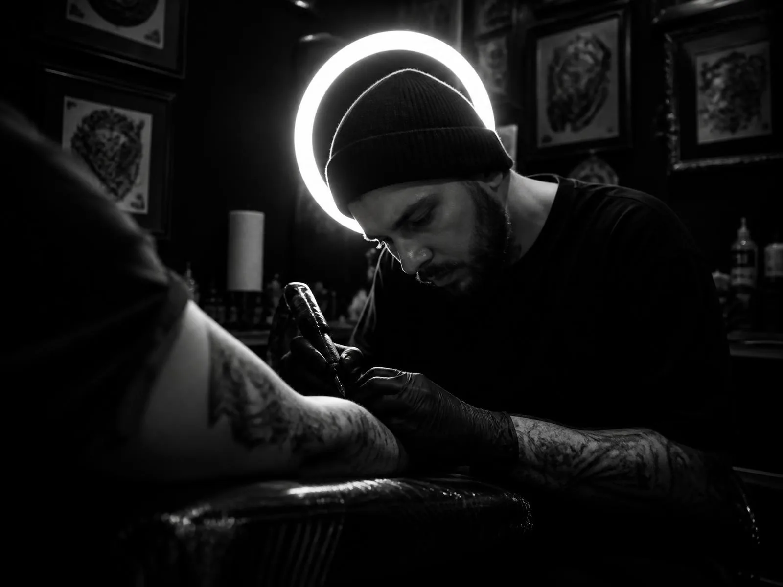 Tattoo artist working in a dark studio