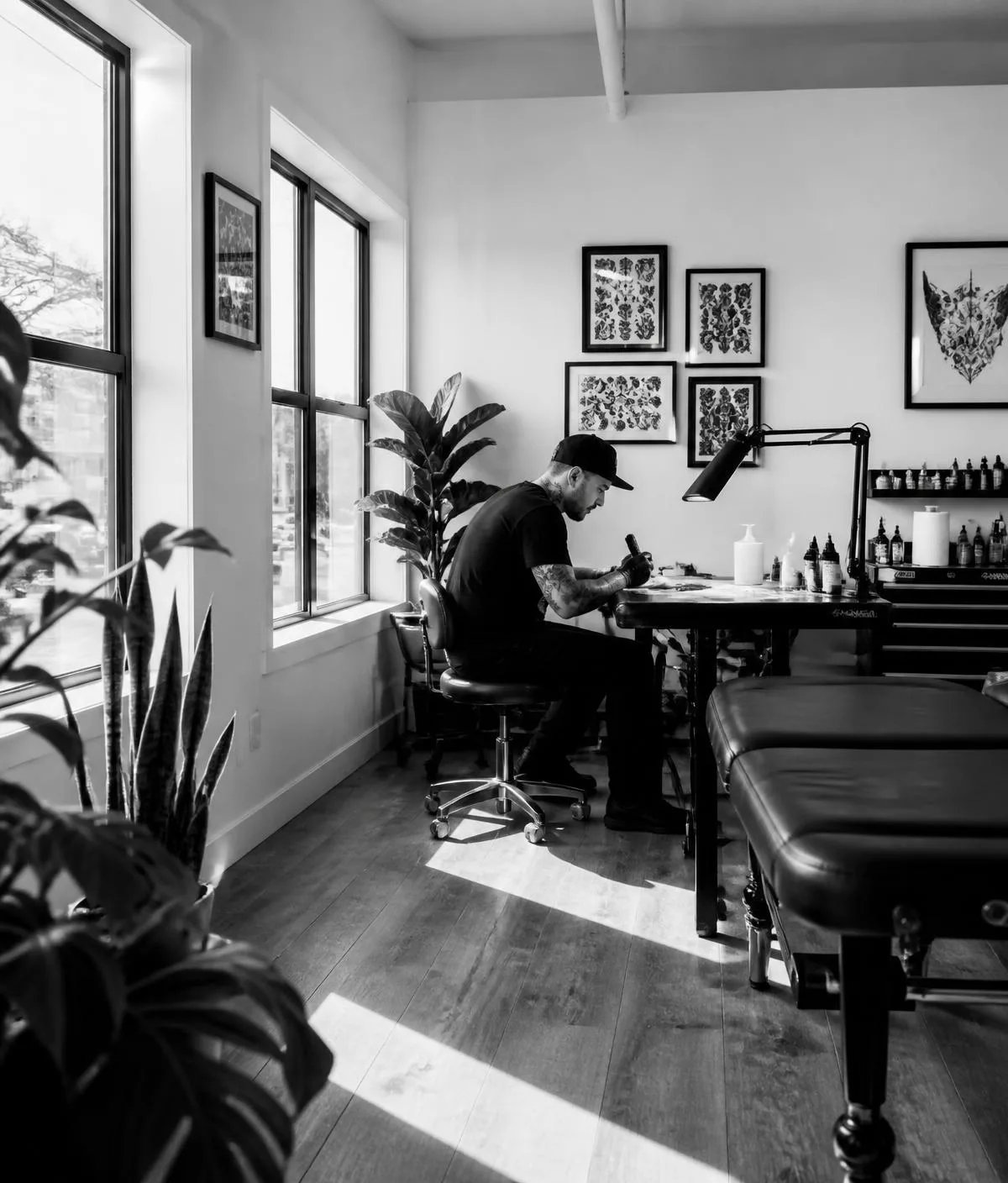 Studio interior where clients sign digital consent forms on a tablet